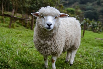 Obraz premium Fluffy sheep in the cool peaks with thick and pure white fur roam the green fields of Cameron Highlands, enjoying the fresh air while nibbling on fresh grass