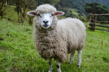 Obraz premium Fluffy sheep in the cool peaks with thick and pure white fur roam the green fields of Cameron Highlands, enjoying the fresh air while nibbling on fresh grass
