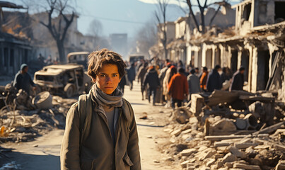 Analog photo 90s in the street of the city of Afghanistan with an anxious boy