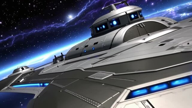 A futuristic spaceship soars through the vast expanse of space, gliding past distant stars and cosmic nebulae. The engines glow as it moves forward, symbolizing exploration, technology, and the unknow