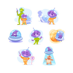 Alien Character in Ufo Shuttle and Spaceship Vector Illustration Set