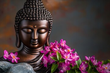 
Stone Buddha sculpture with bright blooming flowers and greenery