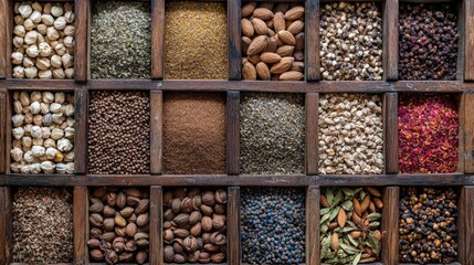 A spice shop with a large display of spices in square cells. Spices, nuts and dried flowers on display for sale at a spice market.