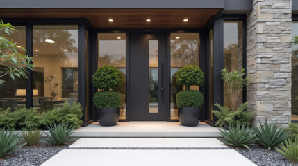 Obraz premium Modern entrance with stylish planters and elegant landscaping
