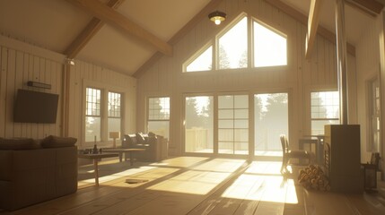 Fototapeta premium Sunrise Illuminates Cozy Cabin Living Room