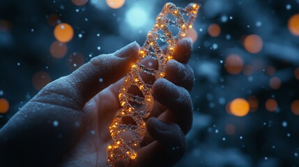 Glowing DNA helix in a snow-covered hand, winter bokeh background.