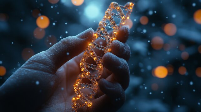 Glowing DNA helix in a snow-covered hand, winter bokeh background. - Powered by Adobe