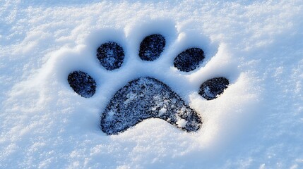 Deep paw print softly imprinted in pristine snow winter wonderland. AI Generated