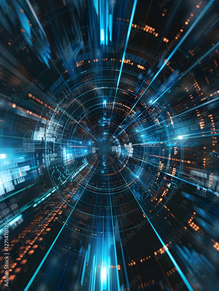 Poster abstract representation of digital data flow in a futuristic tunnel with glowing lines and particles