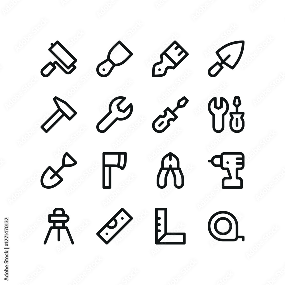 Poster construction tools line ui icons. interface icons for web and app with editable stroke