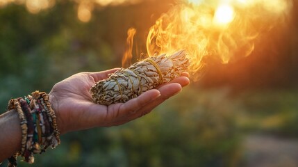 Hand holding burning sage bundle against sunset for smudging ritual, perfect for spiritual blogs, wellness websites, metaphysical blogs, spiritual practices and holistic healing websites