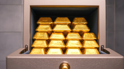 Luxurious safe filled with neatly arranged gold bars, symbolizing wealth, Gold Price Surge and Investment Concept.