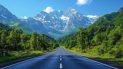 A wide highway with verdant mountains and a clear blue sky, featuring tall trees and smooth asphalt. 