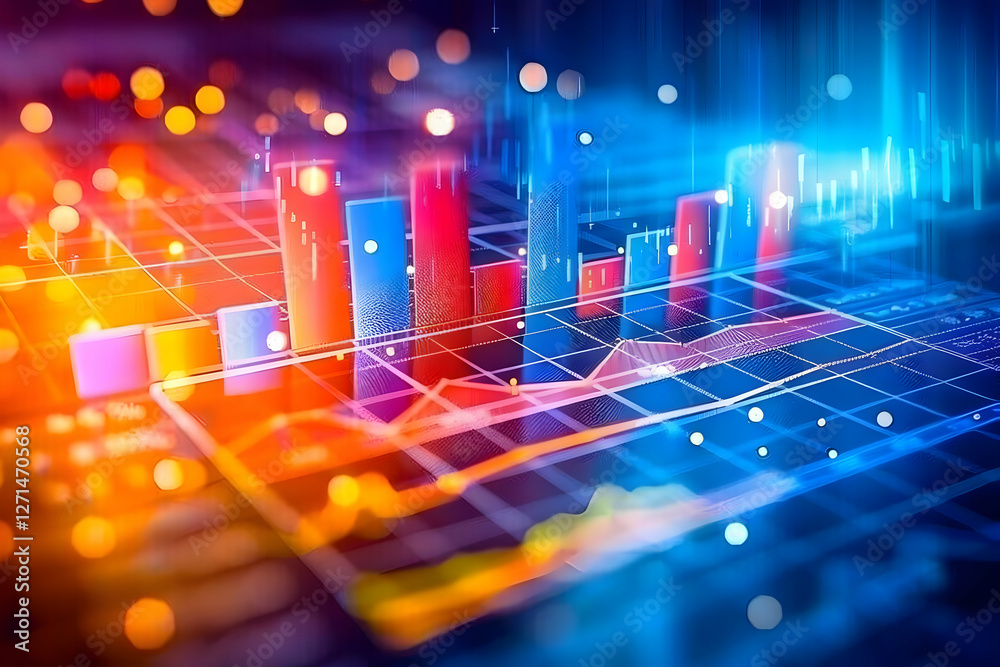 Poster colorful data visualization with vibrant bar graphs and line charts on a digital grid background