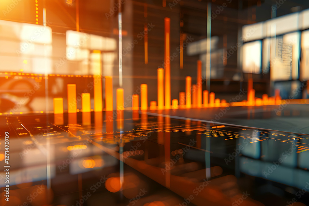 Poster abstract visualization of data analytics with glowing graphs and urban backdrop in office