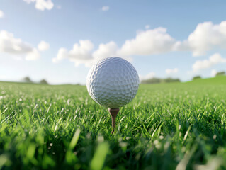 Fototapeta premium Close-Up of Golf Ball Teed on Fresh Green Grass Under Clear Sky Background