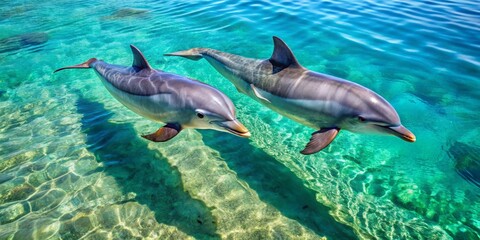 Fototapeta premium Two dolphins gracefully swim in crystal-clear shallow water, sunlight illuminating their sleek bodies and the vibrant ocean floor