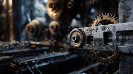 Rusty gears close-up; industrial machine background; factory setting; mechanical engineering concept