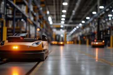 Obraz premium A lineup of orange logistics robots operating in a large warehouse, showcasing advanced automation and material handling technology in action. Efficient and practical.