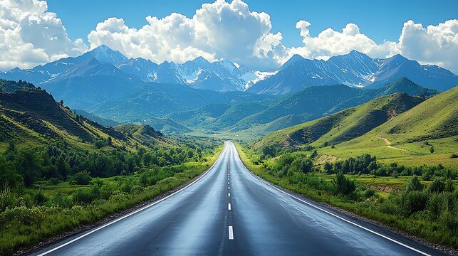 An expansive highway and sunny day with verdant mountains, featuring puffy white clouds and rolling hills. 