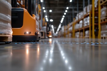 An intimate view of warehouse robots navigating smoothly along the factory floor, highlighting technological progress and the shift towards automated operations in logistics.