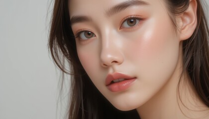 Naklejka premium Close-Up Portrait of a Young Woman with Natural Beauty and Soft Makeup Against a Neutral Background