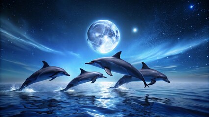 Enchanted Ocean Scene Dolphins Leap Gracefully Under a Mystical Night Sky with a Radiant Moon