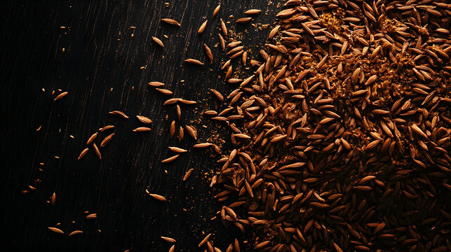 A spread of cumin seeds across a dark wood surface, with their rich brown tones clearly visible against the dark background.