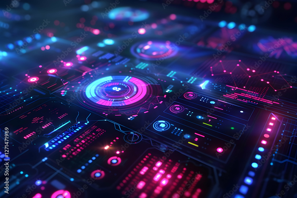 Poster futuristic digital interface displaying vibrant data visualizations and analytics in a tech environm