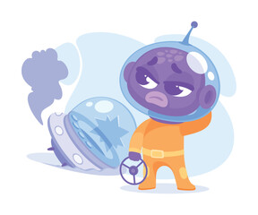 Purple Alien Character in Helmet with Destroyed Shuttle Vector Illustration