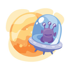 Purple Alien Character in Ufo Shuttle Vector Illustration