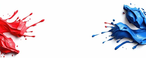 Dynamic Display of Red and Blue Thick Paint Splatters Against Clean White Background Creates Artistic Contrast