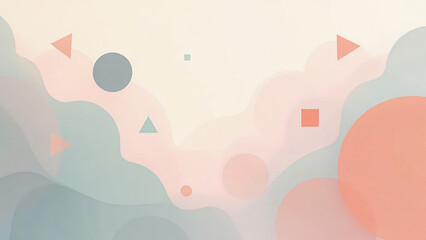 Fototapeta premium Modern abstract background with minimalist geometric shapes, including circles, triangles, and squares, layered with soft shadows and pastel color gradients