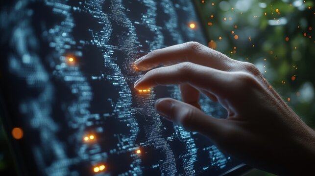 Hand interacts with a digital world map displaying data points.