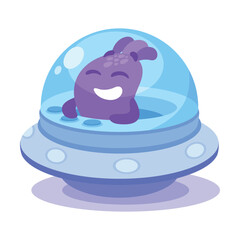 Purple Alien Character in Ufo Shuttle Vector Illustration