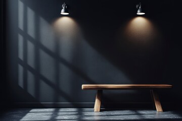 Obraz premium Minimalist wooden bench, dark wall, dramatic lighting, shadows, simple elegance, modern interior design, peaceful ambiance.