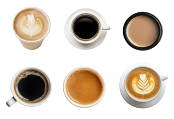 Set of paper take away cups of different coffee isolated on transparent background, top view