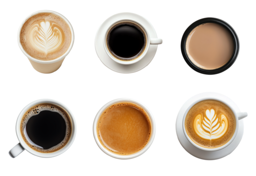 Set of paper take away cups of different coffee isolated on transparent background, top view