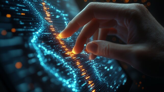 Close-up of a hand interacting with a digital interface displaying glowing data streams.
