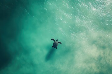 Fototapeta premium A serene photograph of a sea turtle gliding effortlessly through clear turquoise waters, A green sea turtle glides gracefully through the crystal-clear waters of the ocean.