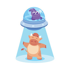 Purple Alien Character in Ufo Shuttle Take Cow Vector Illustration