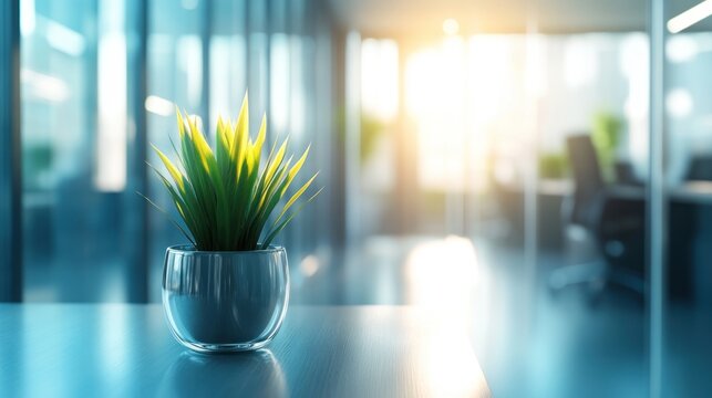 Modern office interior with a small potted plant on a table.