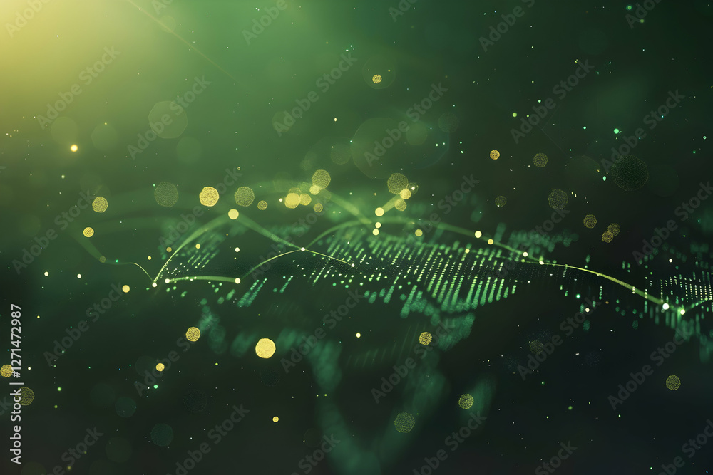 Poster abstract green background with glowing particles and data visualization elements in motion