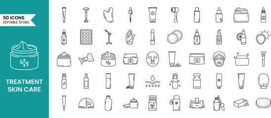 Treatment skin care icon set in line style. Includes Face Mask, Sunscreen, Skincare Products, Nutrition, UV Protection, and more. Vector illustration