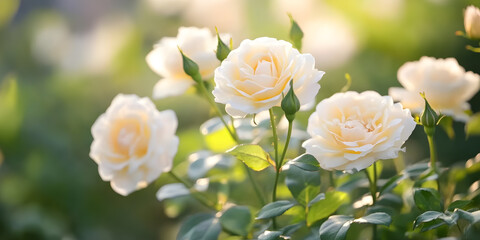 Obraz premium White roses blooming in the morning with natural blurred background with soft light.