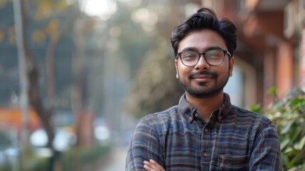Fototapeta premium A young man with glasses and a stylish shirt stands confidently, smiling in an urban park. The background features trees and buildings, capturing a peaceful afternoon atmosphere.