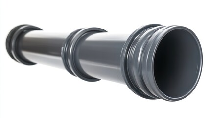 Close-up of a gray PVC pipe with connectors, isolated on white background.