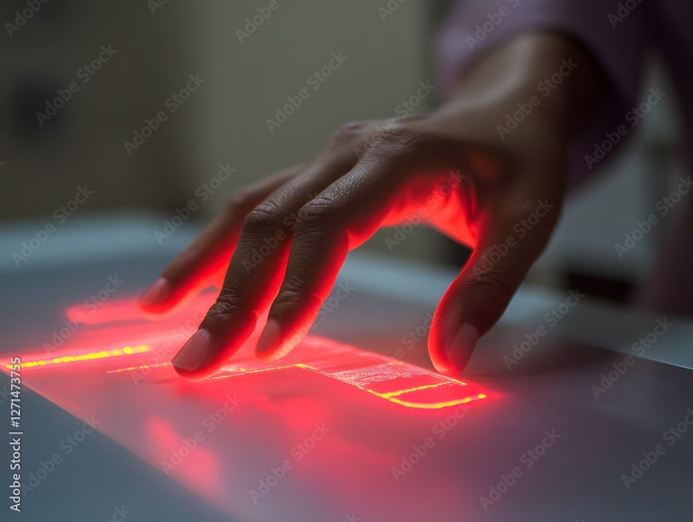 Aufkleber Hand Interacting with Light Display in a Modern Technology Setting