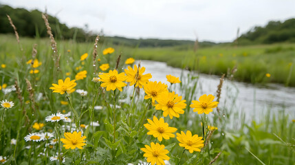 Yellow wildflowers by creek, green meadow, summer. Nature scene for calendar or website