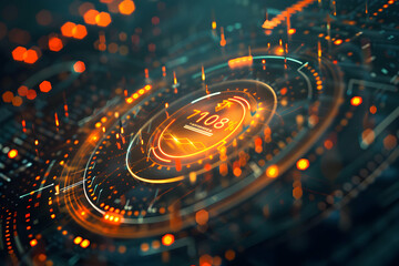 Abstract digital interface with glowing orange elements, displaying data metrics and graphs